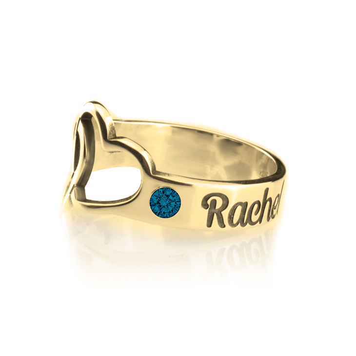 Birthstone Ring with Engraved Hearts and Names