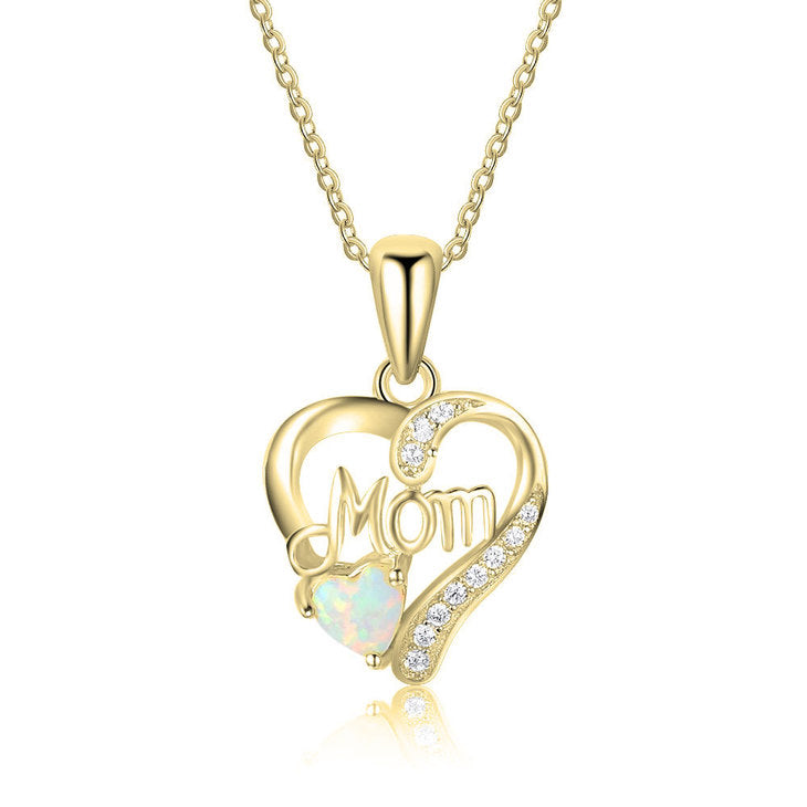 Mom Heart Necklace with Opal