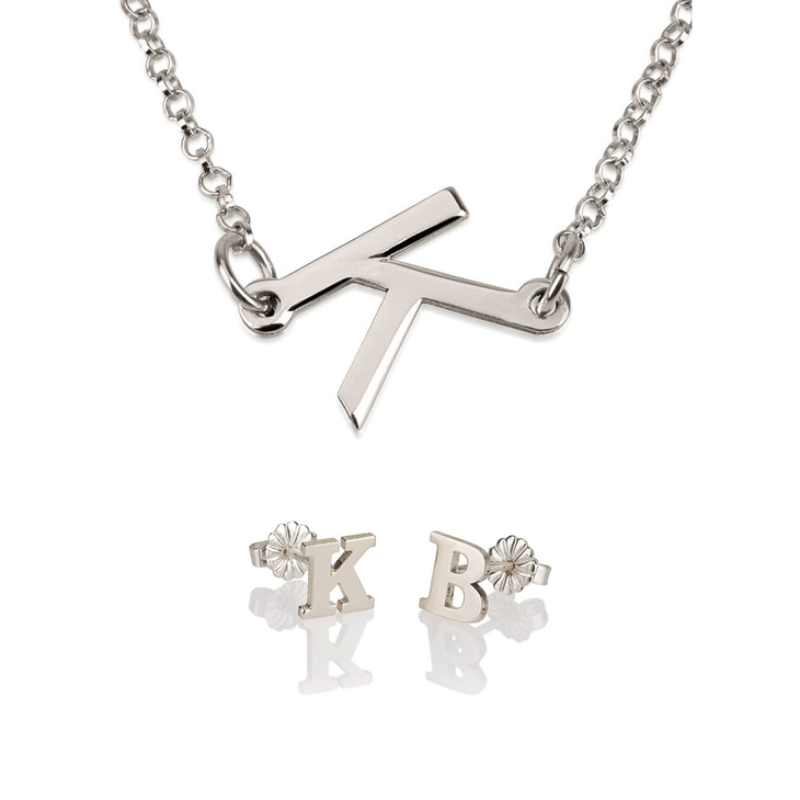 Initial Earring & Sideways Initial Necklace Set