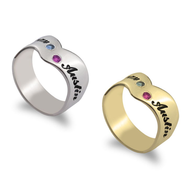 Birthstone Ring with Two Engraved Names