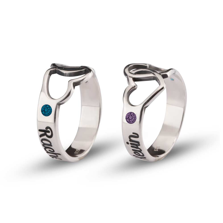 Birthstone Ring with Engraved Hearts and Names