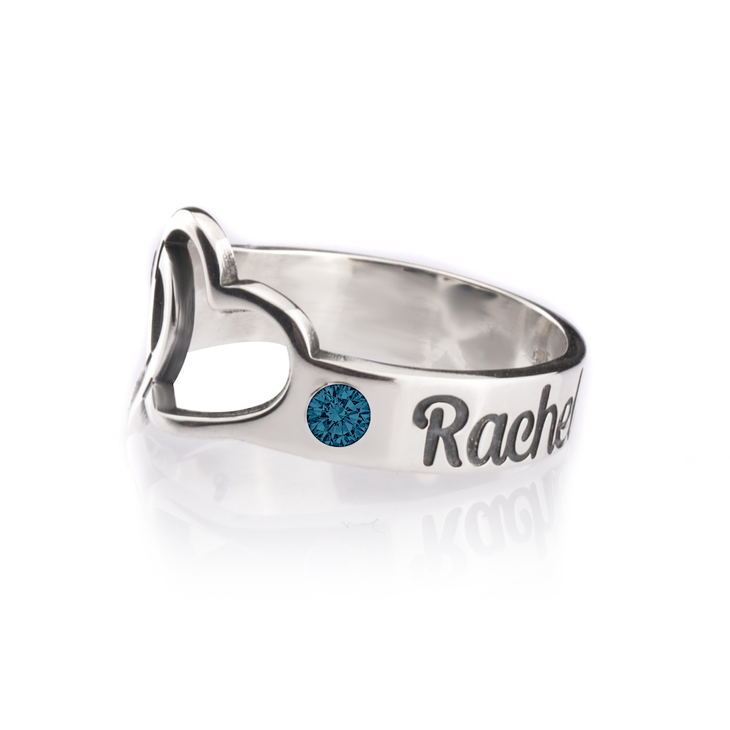 Birthstone Ring with Engraved Hearts and Names