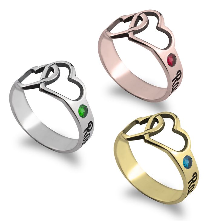 Birthstone Ring with Engraved Hearts and Names