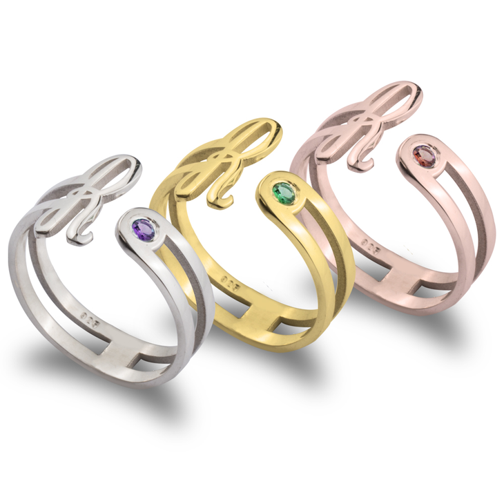 Birthstone Open Ring With Initial