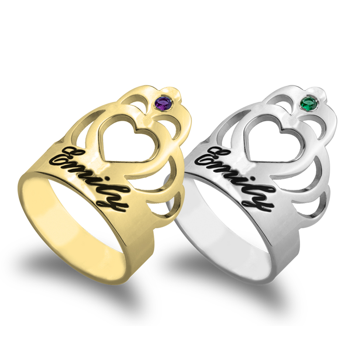 Crown Ring with Name and Birthstone