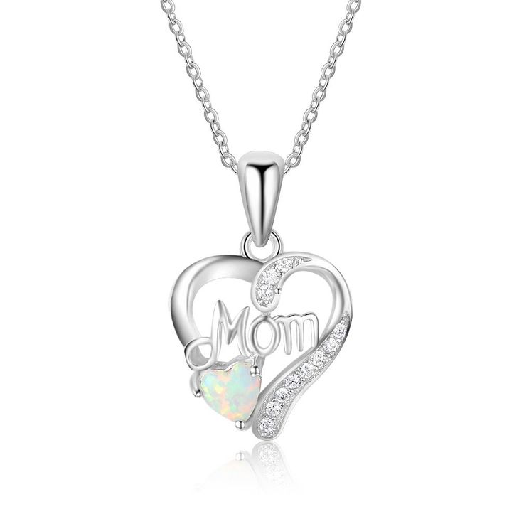 Mom Heart Necklace with Opal