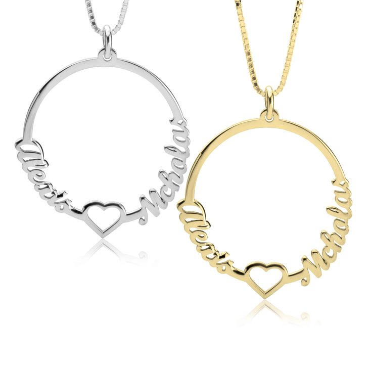 Two Names Circle And Heart Necklace