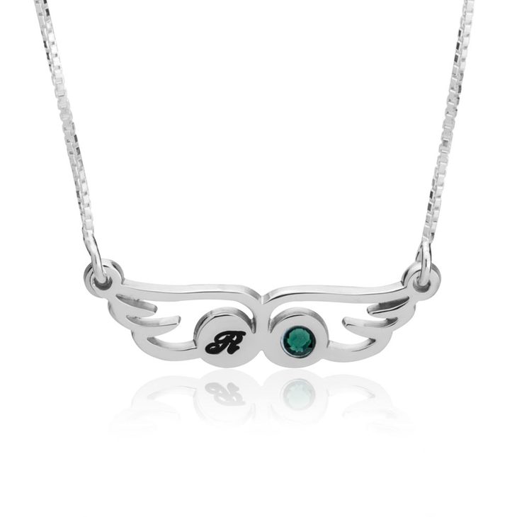 Angel Wing Necklace With Birthstone And Initial