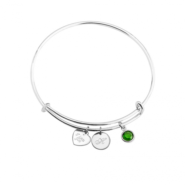 Engraved Heart And Circle Charm Bangle
