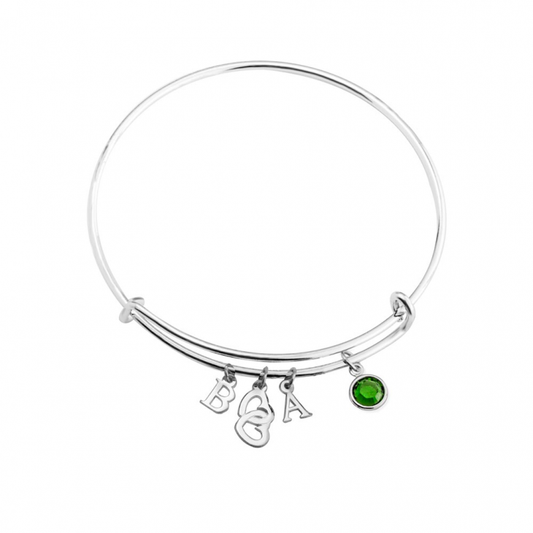 Bangle With Initials Heart And Birthstone