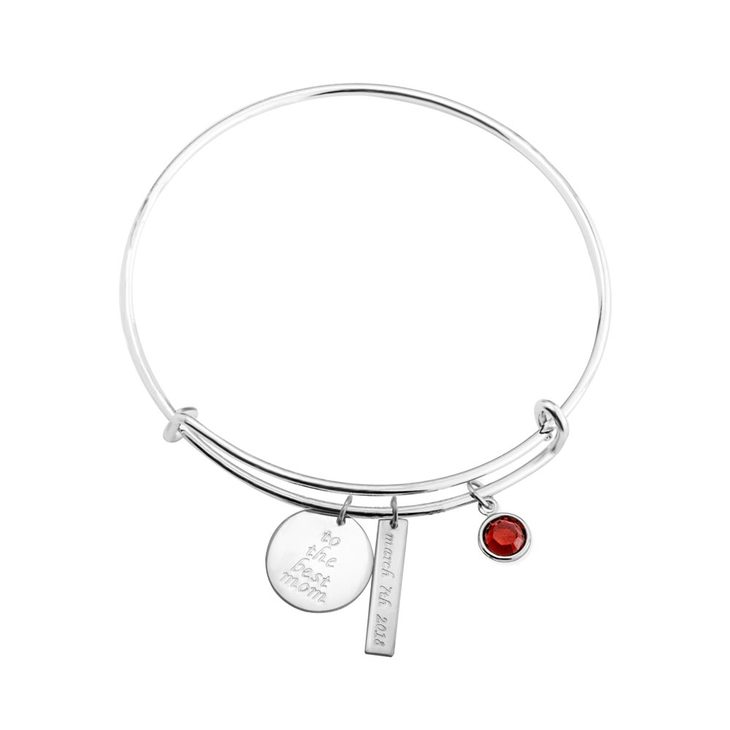 Charm Bangle With Engraved Circle: Rectangle And Birthstone