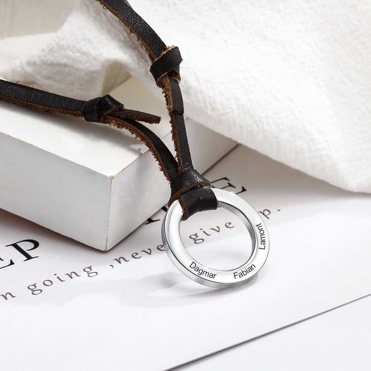Engraved Disc Leather Necklace