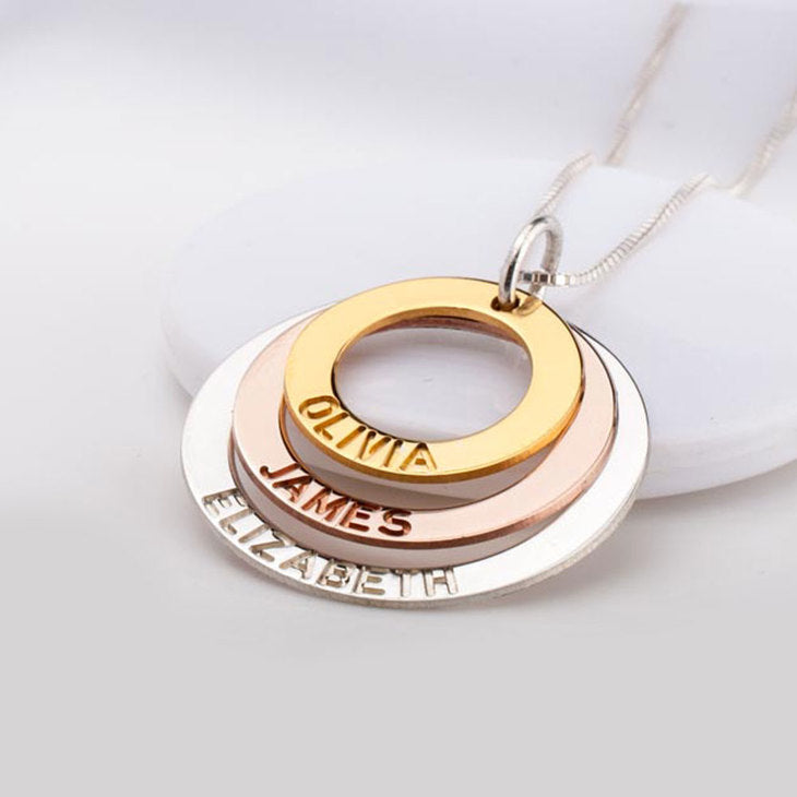 Three Tone Ring Engraved Mother Necklace